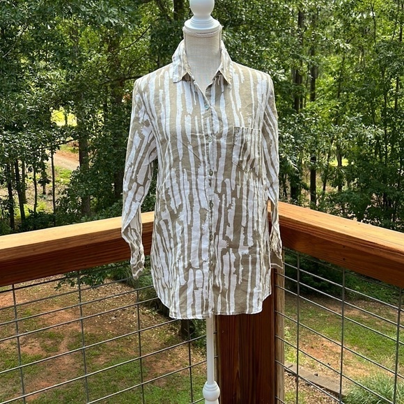 HABITAT Womens 100% Linen Beige Button Down Long Sleeve Tunic Shirt Grannycore - Picture 1 of 7